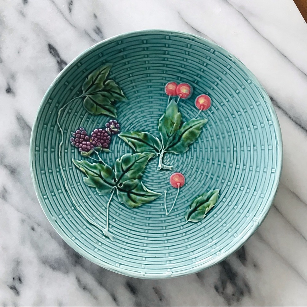 ANTIQUE | Majolica Zell Germany Plate Basketweave Cherries Berries Turquoise